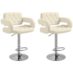 Upholstered Swivel Bar Stool, Set of 2 Height Adjustable Barstool with Back, Armrest, Footrest for Kitchen, White