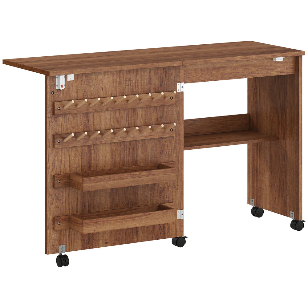 HOMCOM Folding Sewing Table, Rolling Craft Table with Storage compartments, Shelf and Lockable Casters for Small Spaces, Brown