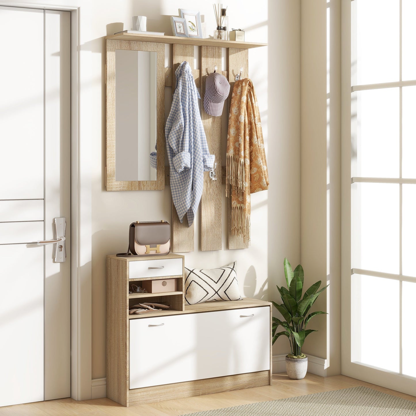 HOMCOM Three-in-One Hallway Storage Set - Natural Wood Finish/White