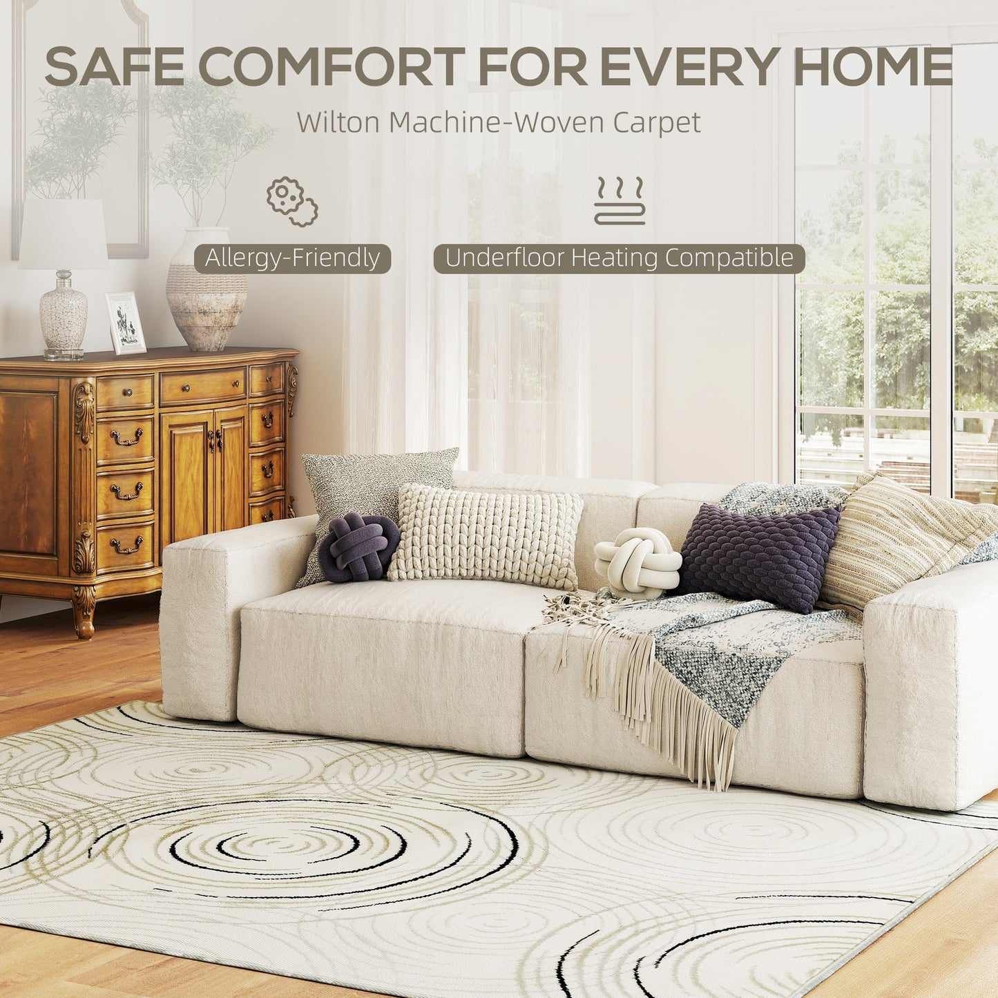 HOMCOM Modern Area Rug, Swirl Pattern Machine Washable Rug, Allergy-Friendly Floor Carpet for Living Room, Bedroom, Dining Room, Home Office, 230 x 160 cm, Cream White