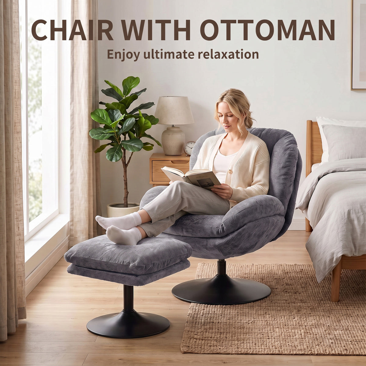 HOMCOM Modern Chenille Lazy Chair with Ottoman, 360° Swivel, Upholstered Reading Seat Set for Living Room, Dark Grey