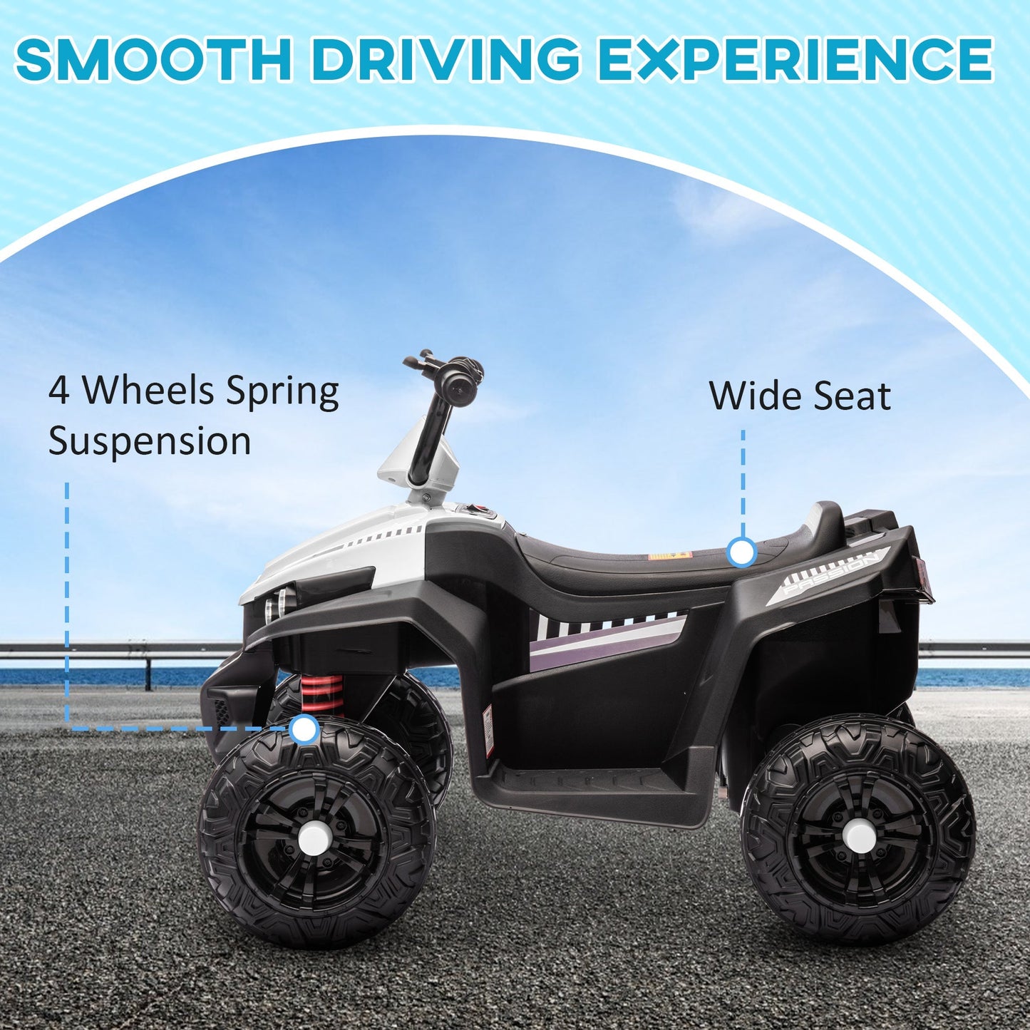 AIYAPLAY 12V Kids Electric Quad Bike w/ Spring Suspension System, Forward, Backward, LED Light, Music, MP3, White