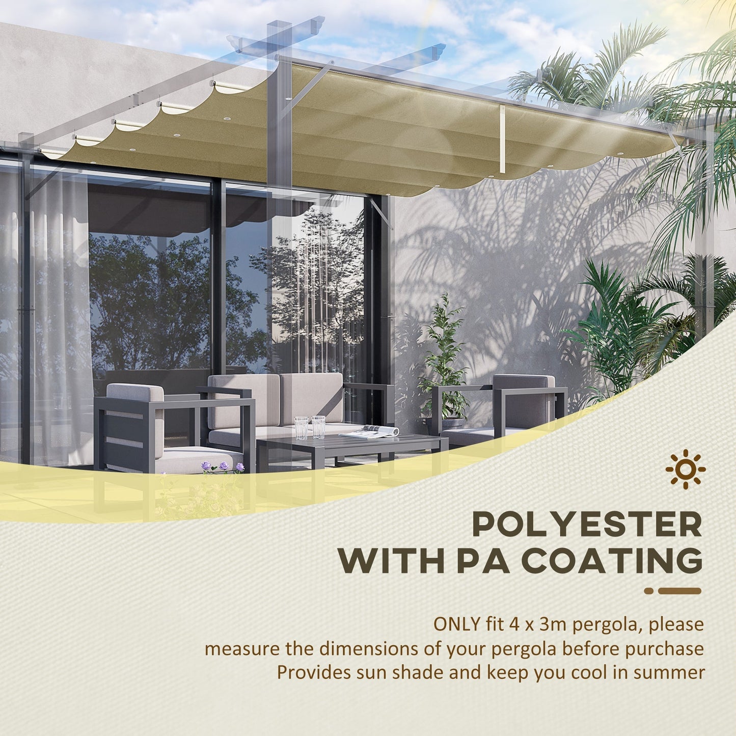 Outsunny Retractable Pergola Cover, 3.5 x 2.6 m Replacement Canopy Fabric for 4 x 3 m Frame, Roof Top Only, Beige