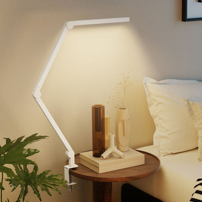 HOMCOM LED Desk Lamp, Dimmable Desk Light with Swing Arm and Clamp, Adjustable Eye-Caring Table Lamp with 2 Colour Modes & 5 Brightness Levels for Study, Drawing, Office, Architect, Task, White