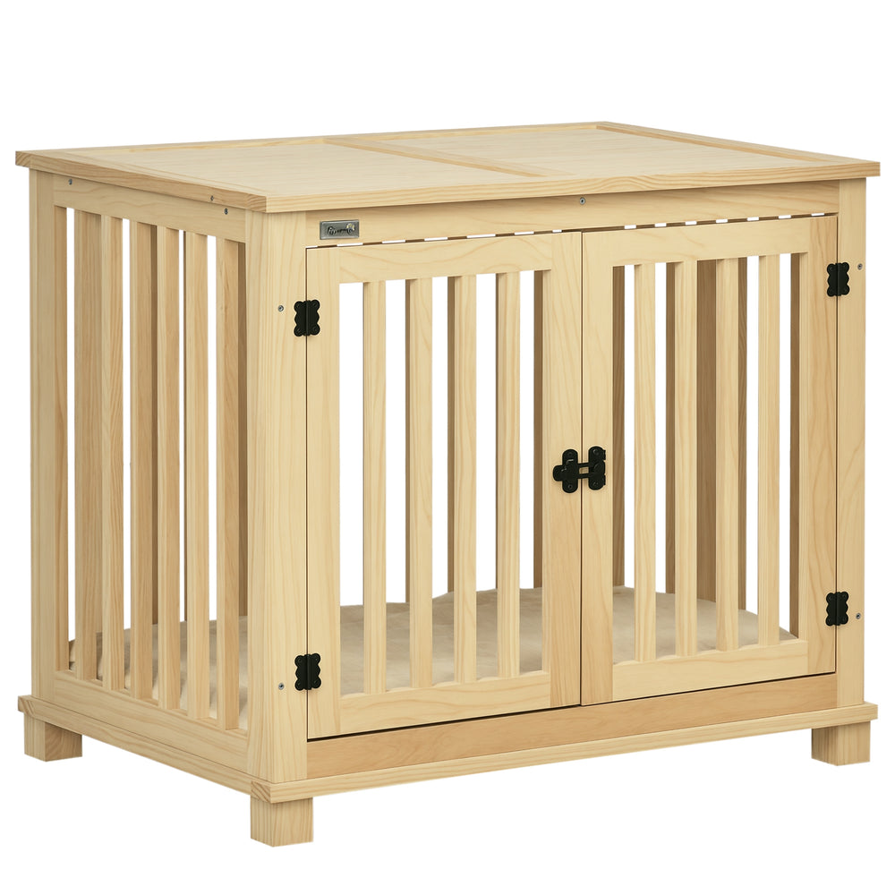 PawHut Wooden Dog Crate, with Double Doors, Cushion, for Medium Dogs - Natural Finish