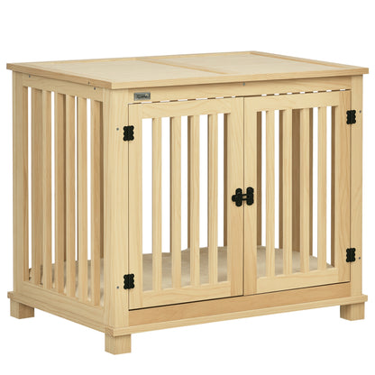 PawHut Wooden Dog Crate, with Double Doors, Cushion, for Medium Dogs - Natural Finish