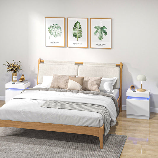 HOMCOM Set of 2 White Bedside Tables with LED Lights, High Gloss Front Nightstands with 4 Drawers