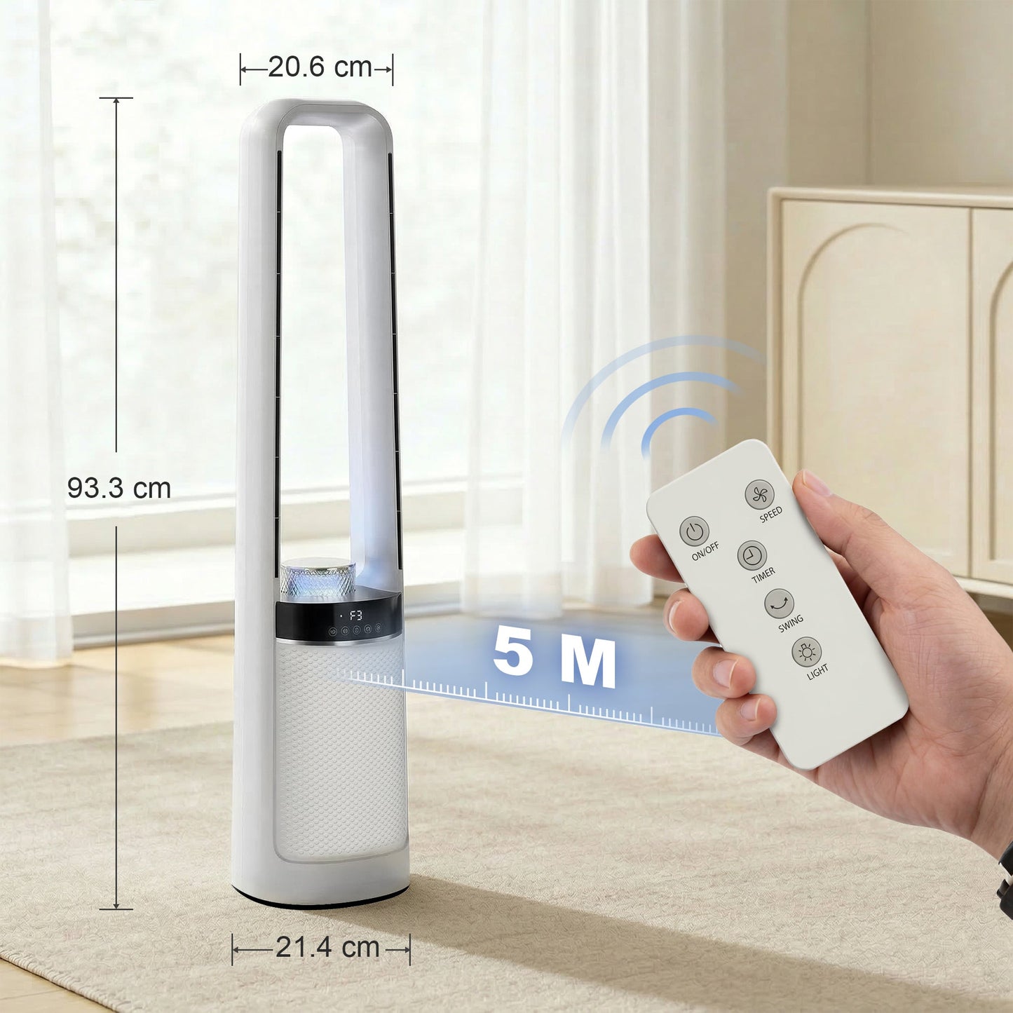 HOMCOM Bladeless Tower Fan, 36dB Standing Cooling Fan with 45 degrees Oscillating, LED Lights, 3 Speeds, 12H Timer, Remote Control