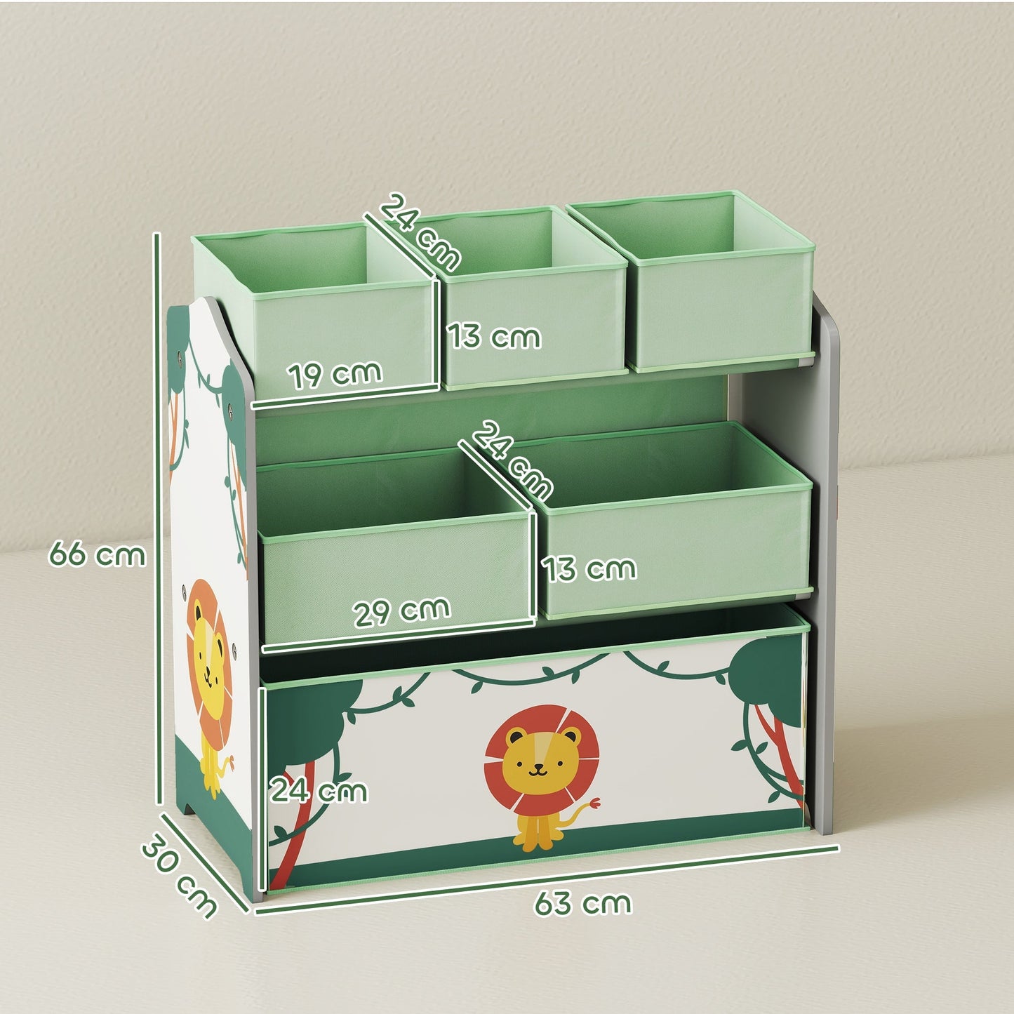 AIYAPLAY Kids Toy Storage Units, 3-Tier Toy Organiser Shelf with 6 Removable Boxes for Kids, Bedroom, Playroom, Green