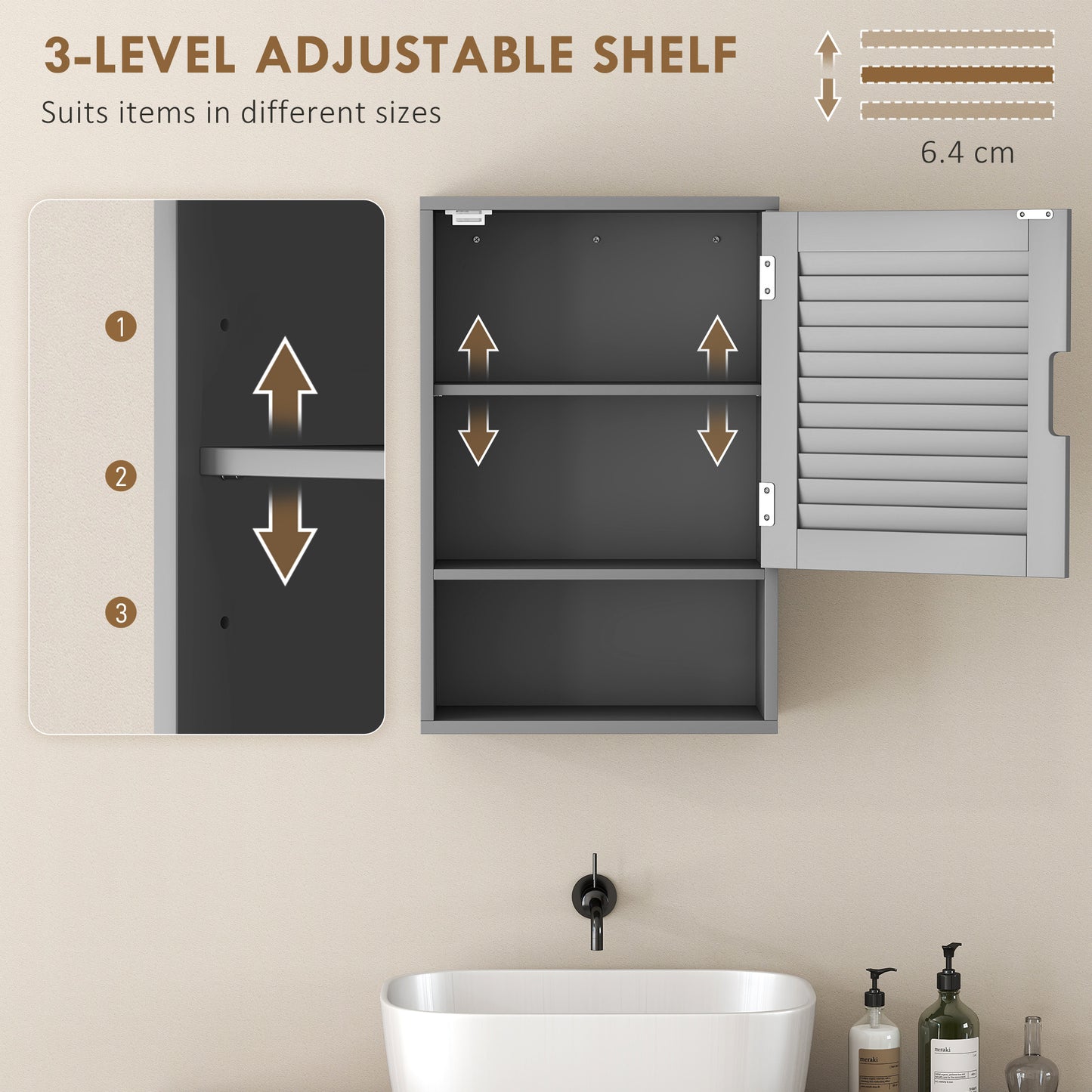 HOMCOM Bathroom Cabinet, Wall Mounted Storage Cabinet with Adjustable Shelves, 40 x 20 x 60 cm, Grey