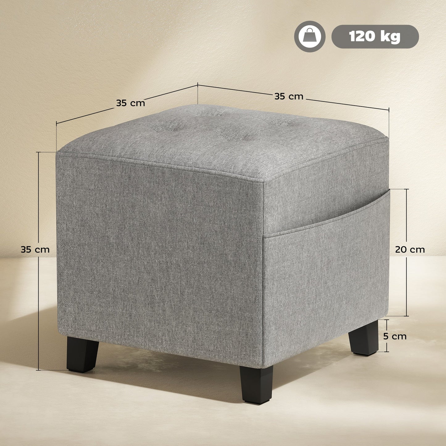 HOMCOM Square Footstool, Small Ottoman with Side Pocket, Linen Fabric Footrest Foot Stool with Rubber Wood Legs and Padded Seat for Living Room, Bedroom, Entryway, 35 x 35 x 35cm, Light Grey