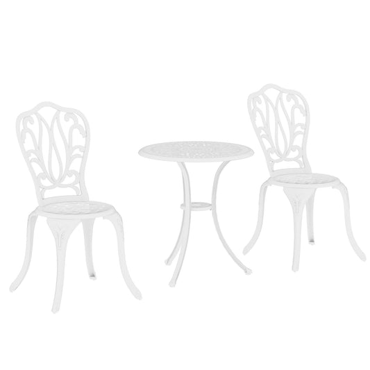 Outsunny 3 Piece Garden Bistro Set, Cast Aluminium Outdoor Furniture Set with Umbrella Hole for Balcony, Porch, Patio, White