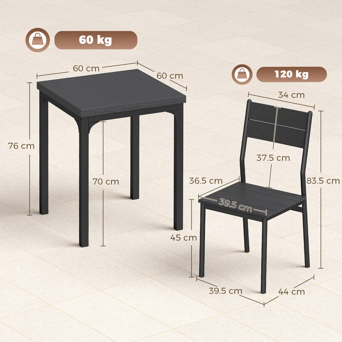 HOMCOM 3 Piece Space-Saving Kitchen Table and Chairs, Dining Table Set for 2 with Metal Legs, Black Wood Effect