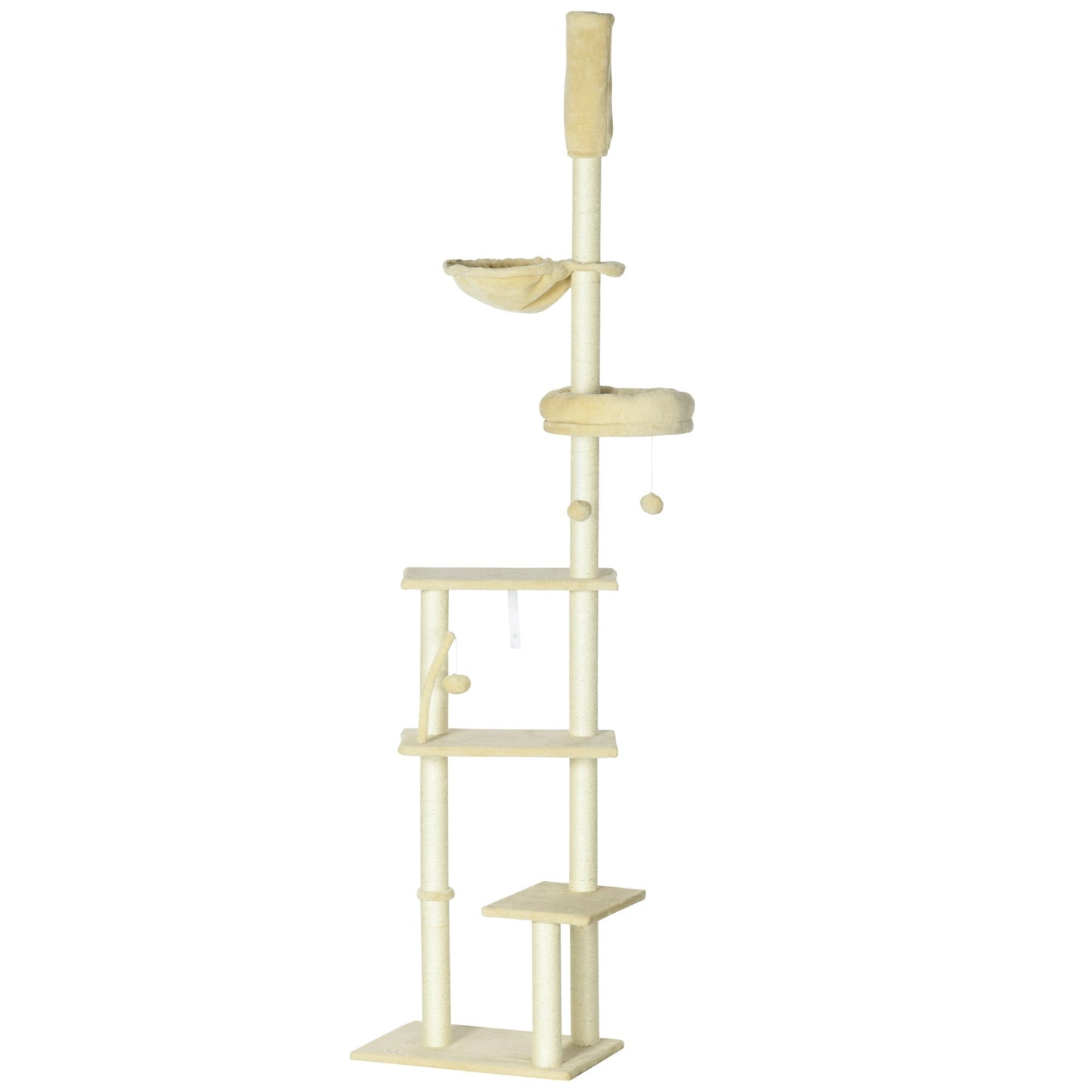 PawHut Floor to Ceiling Cat Tree for Indoor Cats, 6-Tier Play Tower Climbing Activity Center with Scratching Post, Platforms, Bed, Hammock, Adjustable Height 230-250cm, Beige