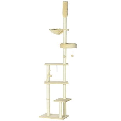 PawHut Floor to Ceiling Cat Tree for Indoor Cats, 6-Tier Play Tower Climbing Activity Center with Scratching Post, Platforms, Bed, Hammock, Adjustable Height 230-250cm, Beige