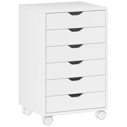 HOMCOM 6 Drawer Vertical File Cabinet, Mobile Filing Cabinet with Quiet Drawers and Wheels with 2 Brakes, White