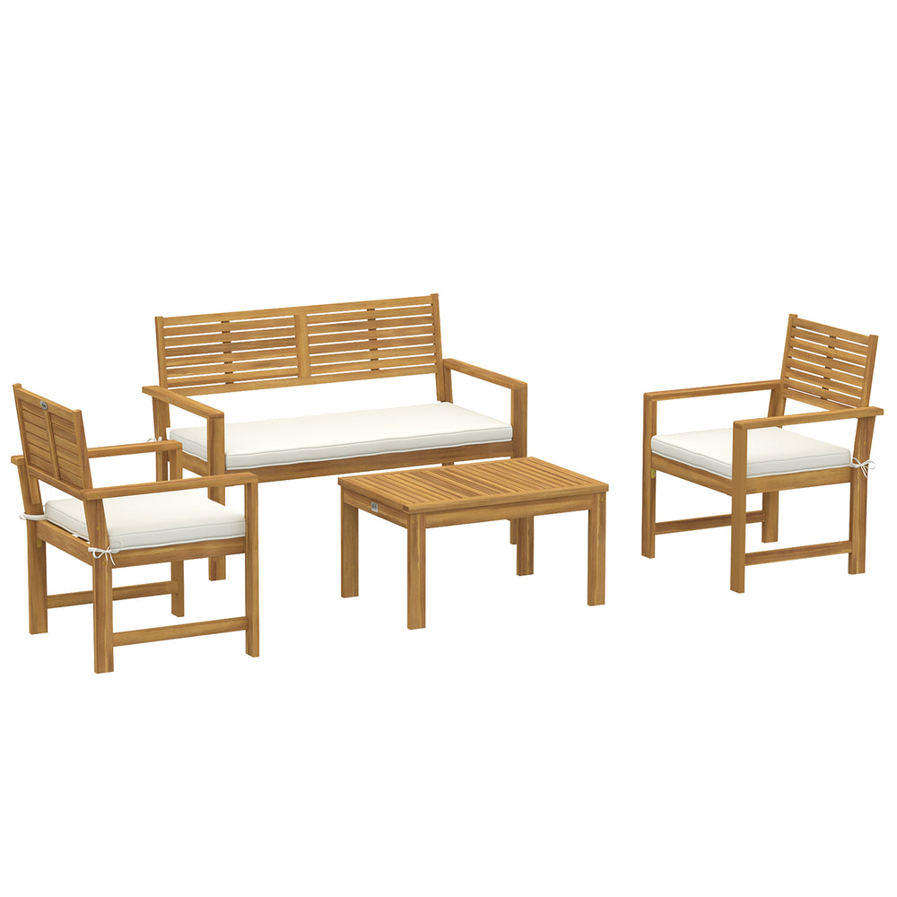 Outsunny 4 Seater Wooden Garden Furniture Set with Loveseat, Armchairs, Table, Acacia Wood Garden Sofa Set, Cream White