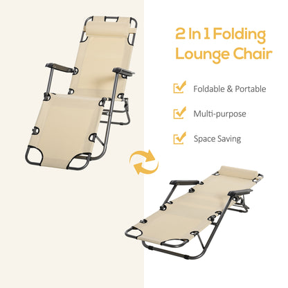 Outsunny 2 in 1 Folding Sun Lounger Reclining Garden Chair Set of 2 with 2-Level Adjustable Backrest, Outdoor Zero Gravity Recliner Garden Chairs with Head Pillow and Armrests, Beige