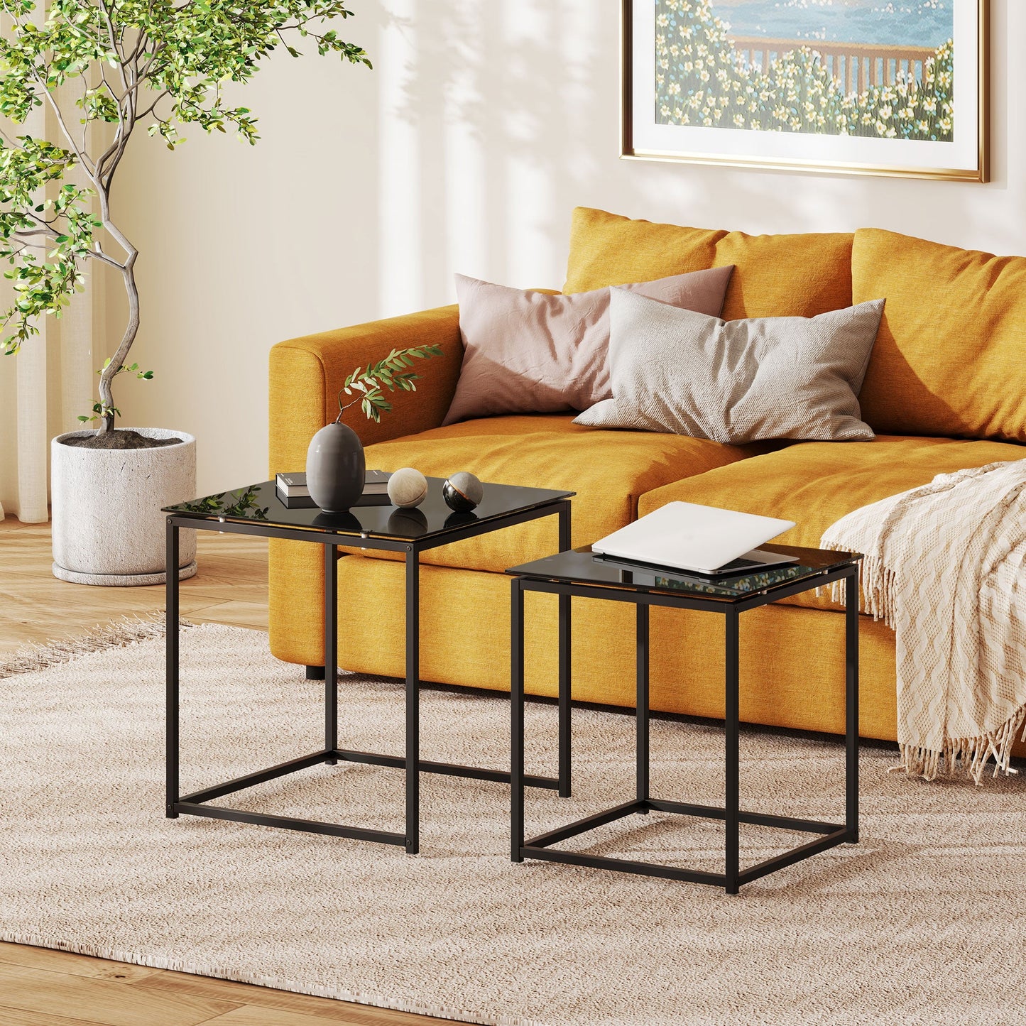 HOMCOM Nest of Tables, Set of 2 Coffee Table, Side Tables with Tempered Glass Desktop and Metal Frame for Living Room, Bedroom, Office, Black