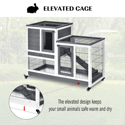 PawHut Small Animals 2-TierFir Wood Guinea Pigs Hutches Indoor Hutch Grey