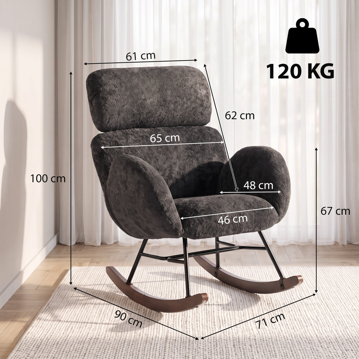 HOMCOM Upholstered Rocking Chair Adjustable Headrest Rocker Chair Raindrop Velvet Rubberwood Base Dark Grey