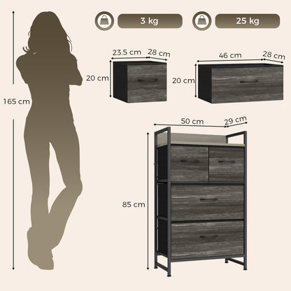 HOMCOM Rustic Chest of Four Fabric Drawers - Grey Wood Effect