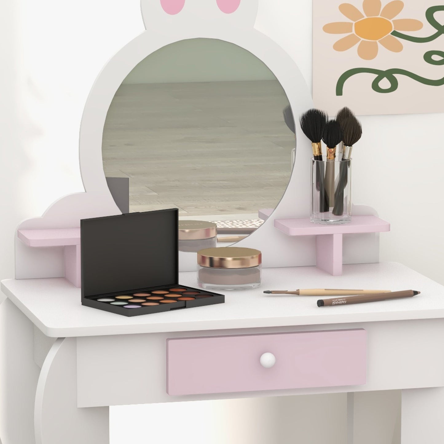 ZONEKIZ Bunny-Design Kids Dressing Table, with Mirror and Stool - White and Pink
