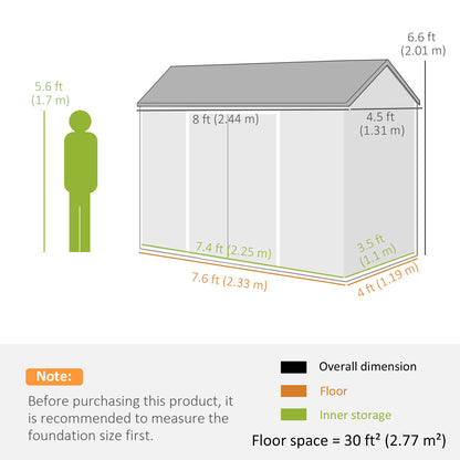 Outsunny 8 x 4 ft Resin Garden Shed, Wood-Effect Outdoor Storage Shed with Floor, Windows, Lockable Doors and Vents, Dark Grey