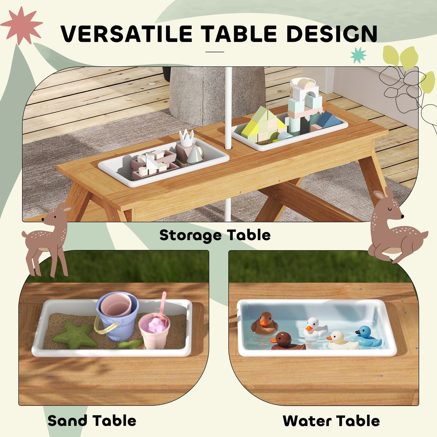 AIYAPLAY Kids Picnic Table, Sand and Water Table with Wooden Benches, Adjustable Parasol and Storage Bins, Multicolour