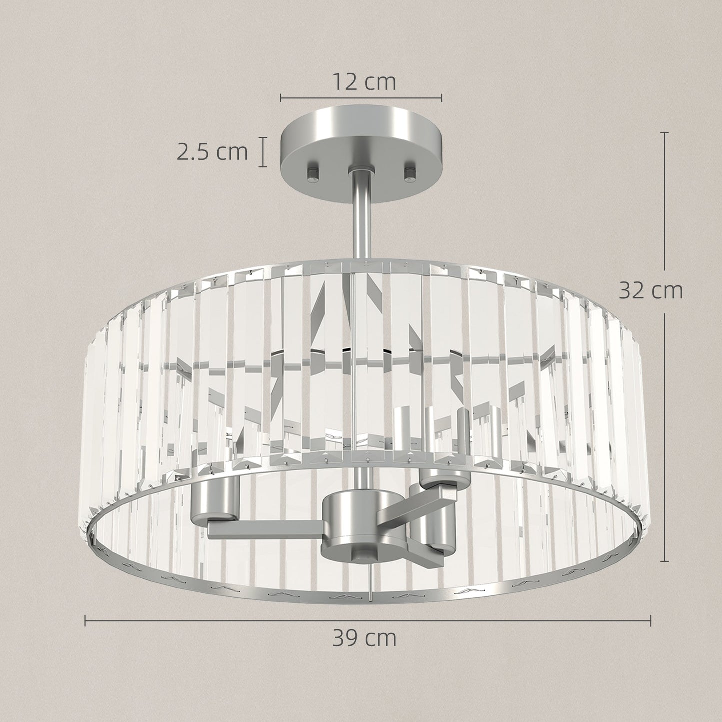 HOMCOM Crystal Ceiling Light Fixture Set of 2, Semi Flush Mount Modern Chandelier for Living Room, Bedroom and Hallway, 3-Lights with E14 Base, Silver Tone