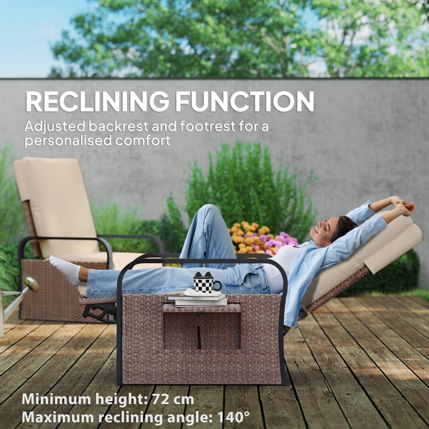 Outsunny 140 Reclining Rattan Armchair - Brown/Khaki