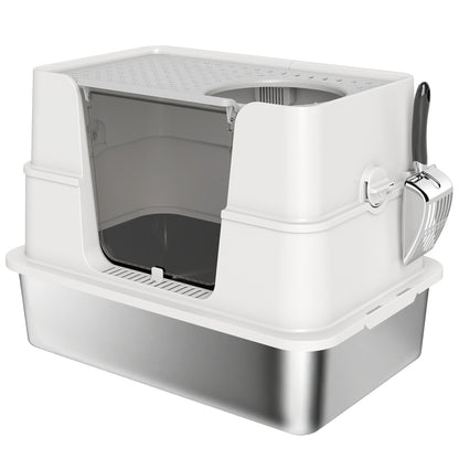 PawHut XL Stainless Steel Litter Box w/ 100Â° Flip Top, Scoop, Side Top Dual Entry, Odor Free, Easy Cleaning, Anti Leakage