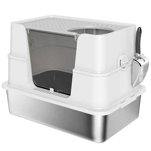 PawHut XL Stainless Steel Litter Box w/ 100Â° Flip Top, Scoop, Side Top Dual Entry, Odor Free, Easy Cleaning, Anti Leakage