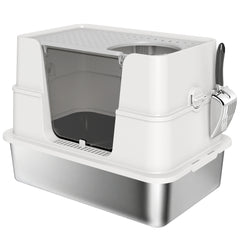 PawHut XL Stainless Steel Litter Box w/ 100Â° Flip Top, Scoop, Side Top Dual Entry, Odor Free, Easy Cleaning, Anti Leakage