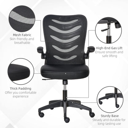 Vinsetto Mesh Office Chair for Home Swivel Task Desk Chair with Lumbar Back Support, Flip-Up Arm, Adjustable Height, Black