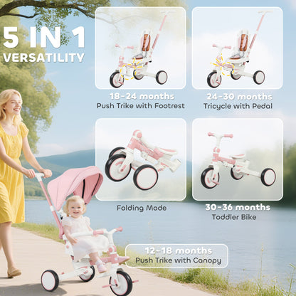 AIYAPLAY 5 in 1 Kids Trike with Adjustable Backrest, Toddler Tricycle with Push Handlebar, Adjustable Backrest, Pink