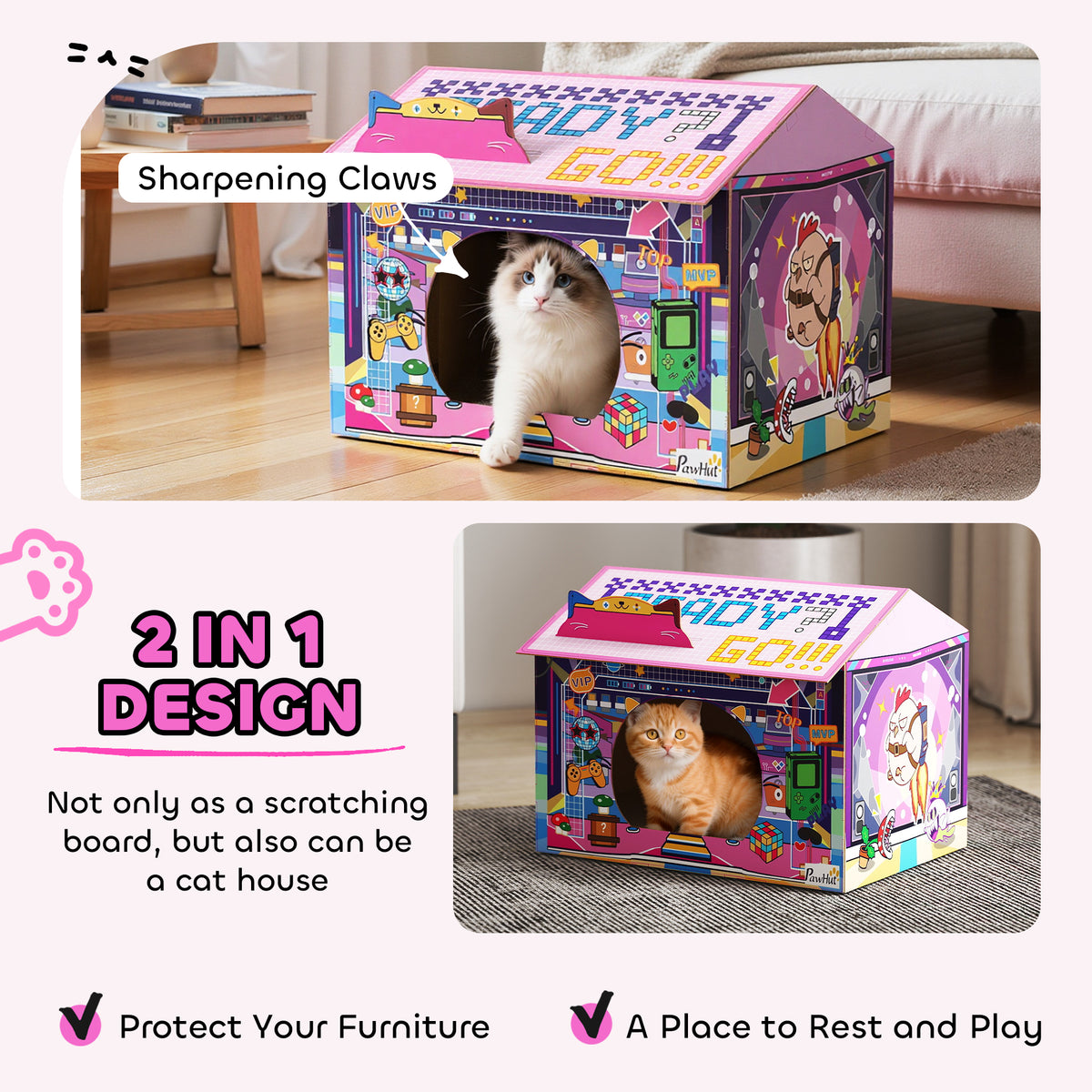 PawHut 2 in 1 Gaming Style Cardboard Cat House with Scratching Board & Catnip for Indoor Cats, Pink