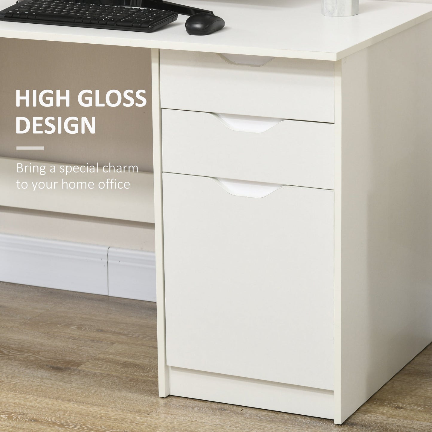 HOMCOM Computer Desk with Drawers, High Gloss Home Office Desk with Storage Cabinet, Study Workstation, 120 x 60cm, White