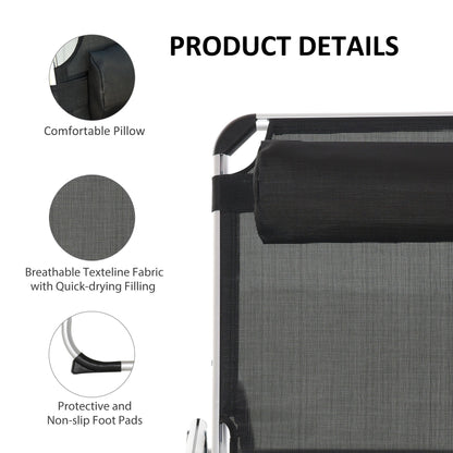 Outsunny Foldable Outdoor Sun Loungers Set of 2, Reclining Lounge Chair Camping Bed Cot with Pillow 4-Level Adjustable Back Aluminium Frame, Black