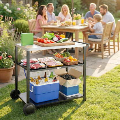 Outsunny Outdoor Grill Cart with Stainless Steel Tabletop for Kitchen Prep, Two-Tier Pizza Oven Stand on Wheels, Black