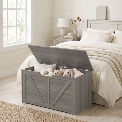HOMCOM 100L Home Storage Box, with Safety Hinge - Dark Grey Wood-Effect