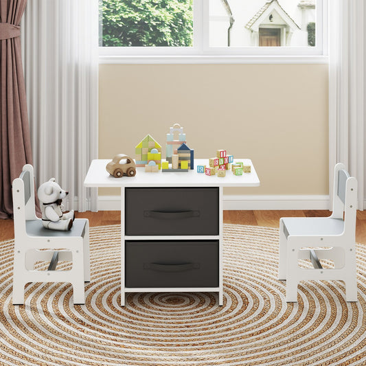 Kids Table and 2 Chairs Set, 3 Piece Desk Set with Removable Storage Baskets for Playroom Grey