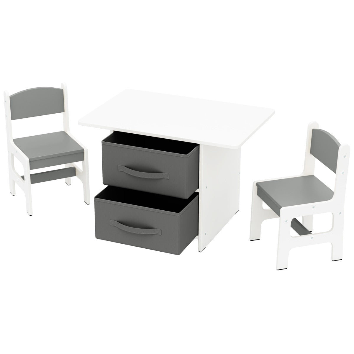 Kids Table and 2 Chairs Set, 3 Piece Desk Set with Removable Storage Baskets for Playroom Grey