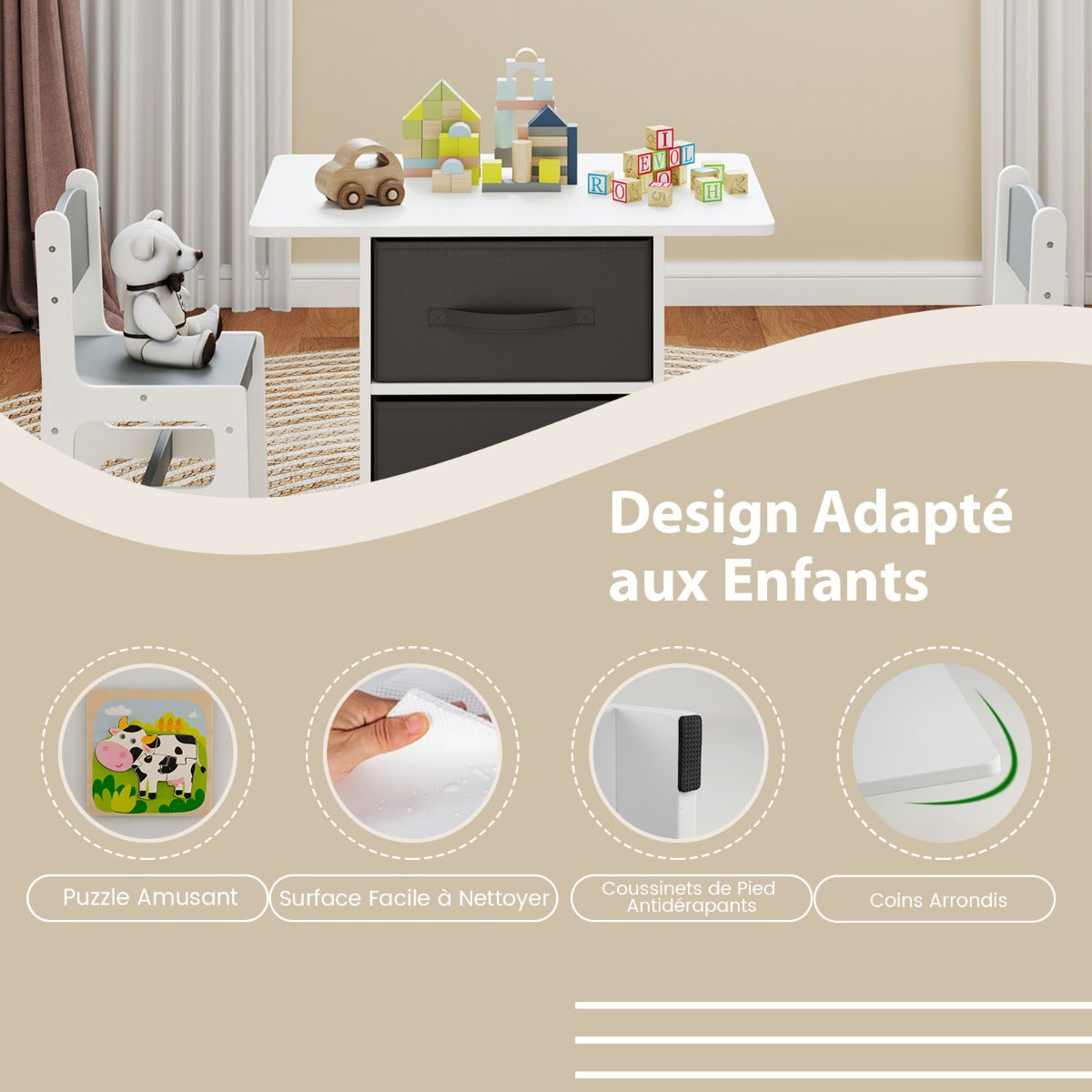 Kids Table and 2 Chairs Set, 3 Piece Desk Set with Removable Storage Baskets for Playroom Grey