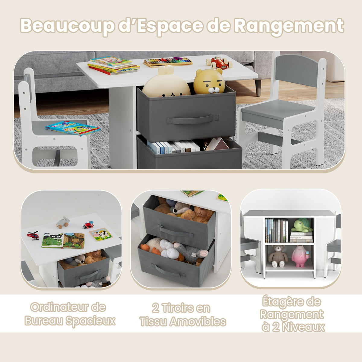 Kids Table and 2 Chairs Set, 3 Piece Desk Set with Removable Storage Baskets for Playroom Grey