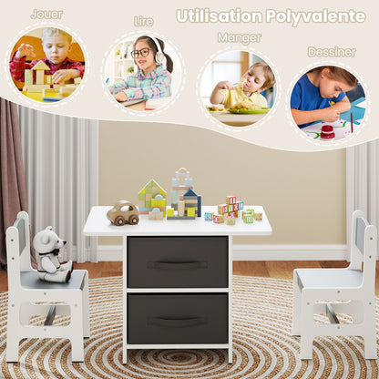 Kids Table and 2 Chairs Set, 3 Piece Desk Set with Removable Storage Baskets for Playroom Grey