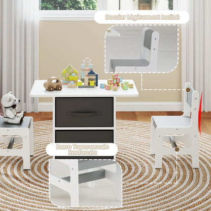 Kids Table and 2 Chairs Set, 3 Piece Desk Set with Removable Storage Baskets for Playroom Grey