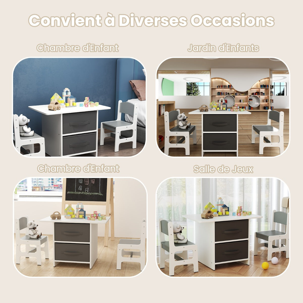 Kids Table and 2 Chairs Set, 3 Piece Desk Set with Removable Storage Baskets for Playroom Grey
