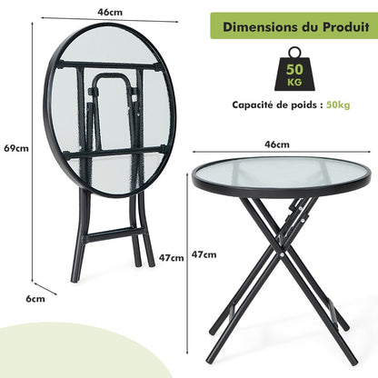 Folding Patio Side Table with Tempered Glass Tabletop