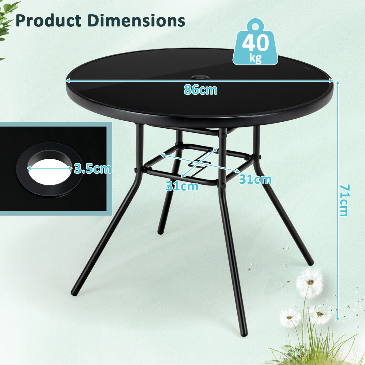 86 cm Patio Dining Table with 3.5 cm Umbrella Hole